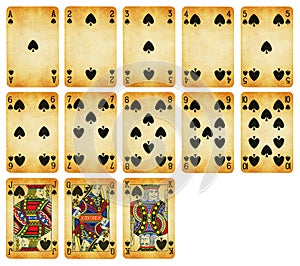 Vintage Playing cards of Spades suit, isolated on white background