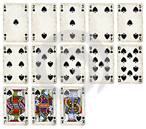 Vintage Playing cards of Spades suit, isolated on white background