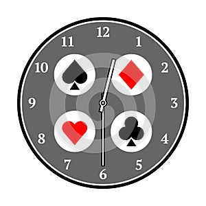 Vintage playing cards suits watch dial with arrows. Vector illustration