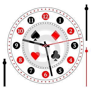 Vintage playing cards suits watch dial with arrows. Vector illustration