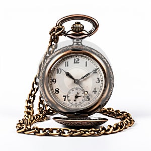 Vintage pocket gold watch with chain on white background. An old round watch with a lid on a chain. The concept of time