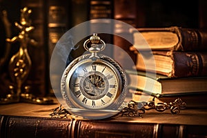 Vintage pocket watch and antique books. Time concept. Selective focus, Vintage clock hanging on a chain on the background of old