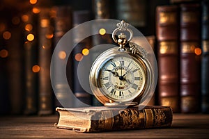 Vintage pocket watch on the background of books. Retro style, Vintage clock hanging on a chain on the background of old books, AI