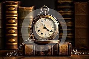 Vintage pocket watch with chain on old books background. Time concept, Vintage clock hanging on a chain on the background of old