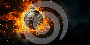 Vintage pocket watch enveloped in blazing flames and smoke representing urgency running out of time or deadline pressure on a dark