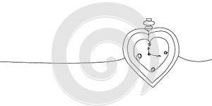 Vintage pocket watch with heart continuous line drawing. One line art of time of love, long term relationship, life