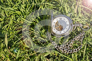 Vintage pocket watch lying on the green grass. Steampunk watch. Sunny summer day. The clock mechanism is partially visible