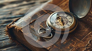 Vintage pocket watch and old book on a wooden table, close up