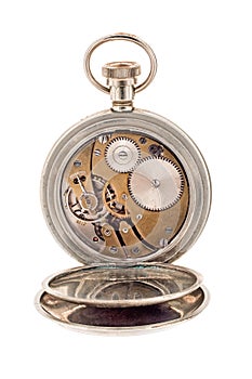 Vintage pocket watch with open rear lid.