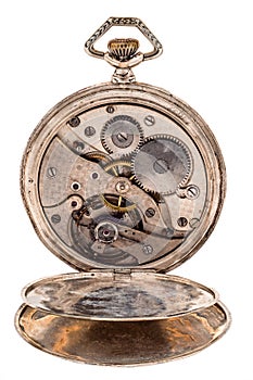 Vintage pocket watch with open rear lid.