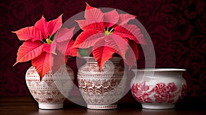 Vintage Poinsettia Trio on Lace Doily with Fireplace Background