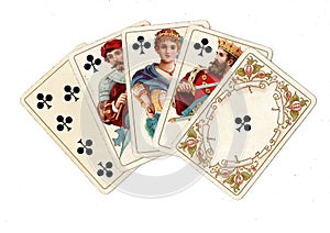 Vintage poker playing cards showing a royal flush of clubs.