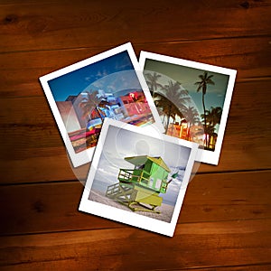 Vintage polaroids of travel memories on a wooden background