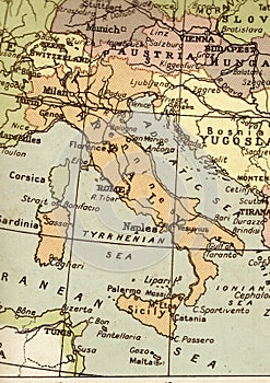 A vintage political map of Italy in sepia.