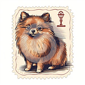 Vintage Pomeranian Dog Illustration On Postage Stamp