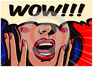 Vintage pop art comic book surprised and excited woman saying wow with open mouth vector illustration