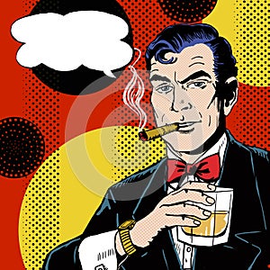 Vintage Pop Art Man with glass smoking cigar and with speech bubble.