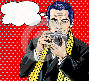 Vintage Pop Art Man with photo camera and with speech bubble. Party invitation. Man from comics. Playboy. Dandy. Gentleman club.