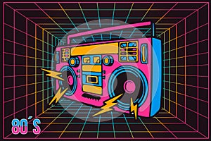Retro Pop Party Eighties 80`s Party Recorder, neon cartoon style photo