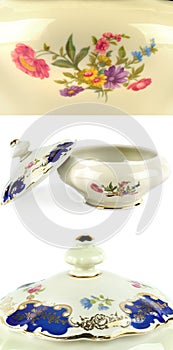 Vintage porcelain candy bowl isolated on white. Collage. Vertical photo
