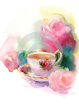 Vintage Porcelain Cup of Berry Tea and Roses Watercolor Still Life Illustration Hand Drawn