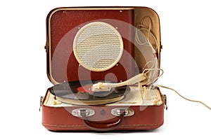 Vintage portable record player isolated on white