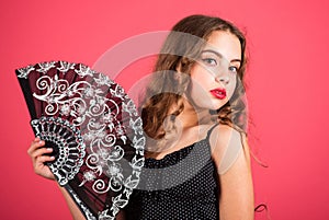 Vintage portrait. carnival or masquerade. theatre performance concept. spanish dance attribute. summer fan accessory