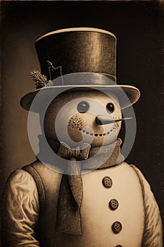 Vintage Portrait Cartoon Style Illustration of Classic Snowman