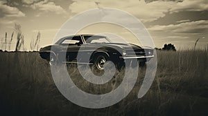 Vintage Portraiture: Black Camaro In A Moody Field