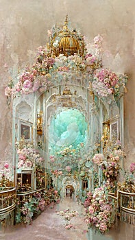 Vintage post card with a soft pink rose and white castle. Full of flowers. Vinatage rococo style. AI created a digital art