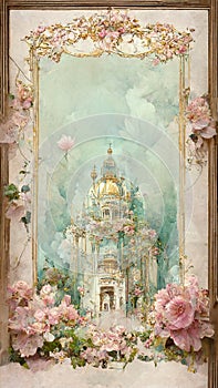 Vintage post card with a soft pink rose and white castle. Full of flowers. Vinatage rococo style. AI created a digital art