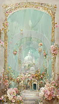 Vintage post card with a soft pink rose and white castle. Full of flowers. Vinatage rococo style. AI created a digital art