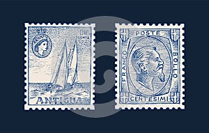 Vintage Postage stamp for album. Seascape with a sailboat. Face of a man with a beard. Retro old Sketch. Monochrome