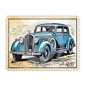 Vintage Postage Stamp: Classic Blue Car In Wood Engraving Style