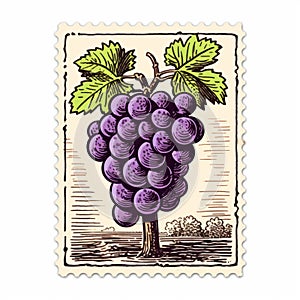 Vintage Postage Stamp With Grapes: Minimalist Illustration In Purple