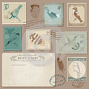 Vintage Postage Stamps with Birds