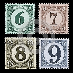 Vintage postal stamp alphabet with capital letters and digits - digits 6-9 photo