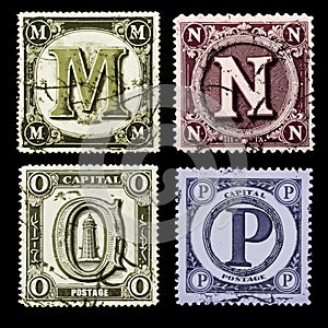 Vintage postal stamp alphabet with capital letters and digits - letter M-P photo