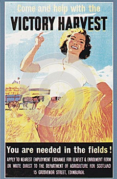 Vintage postcard `Come and help with the Victory Harvest`  WW2 Recruitment poster1940s