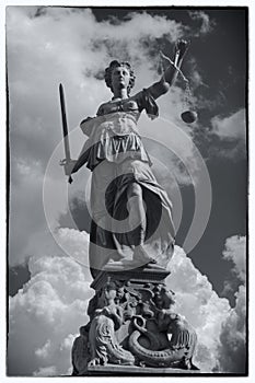 Vintage postcard representing the Statue of lady justice in Frankfurt a. Main, Germany