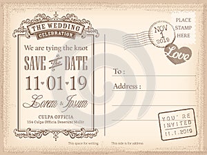 Vintage postcard save the date background for wedding invitation photo