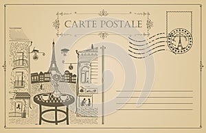 Vintage postcard with street cafe and Eiffel tower