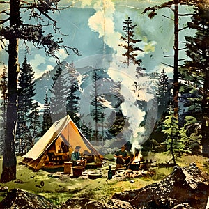 A vintage postcard-style image of a classic A-frame tent pitched in a forest clearing. Smoke curls from a campfire and a family