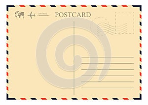 Vintage postcard template. Retro airmail envelope with stamp, airplane and globe photo