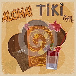 Vintage postcard - for tiki bar sign - featuring Hawaiian masks,