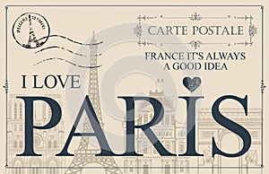 Vintage postcard with words I love Paris