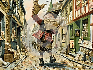A vintage postcardstyle illustration of a gnome newsboy shouting headlines on a bustling cobblestone street photo