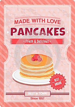 Vintage poster for breakfast with delicious stack of pancakes on pink background for print in retro style