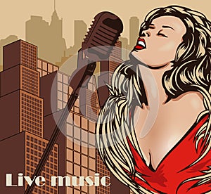 Vintage poster with cityscape , retro woman singer and moon. Red dress on woman. Retro microphone. Jazz, soul and blues live music
