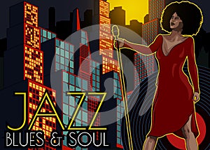 Vintage poster with cityscape , retro woman singer and moon. Red dress on woman. Retro microphone. Jazz, soul and blues live music